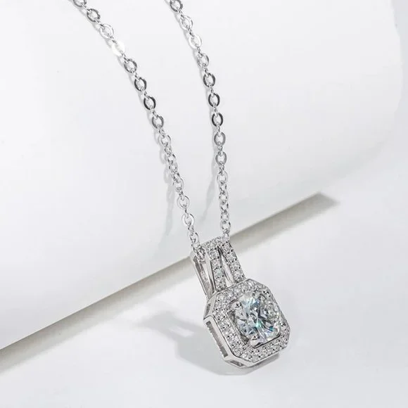 Certified 2ct. t.w. Moissanite Diamond Square Halo Pendant Necklace NEW - Picture 4 of 15